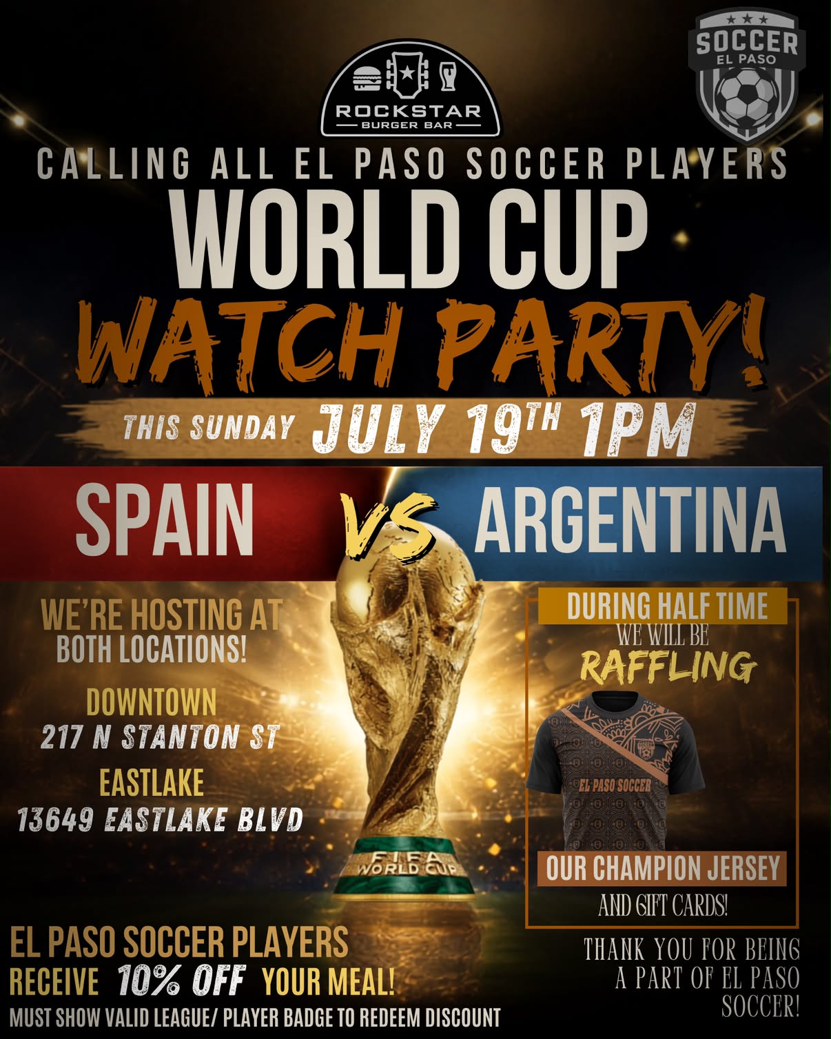 World Cup Watch Party flyer — Spain vs Argentina, Sunday July 19th at 1PM, Rockstar Burger Bar, Downtown and Eastlake locations